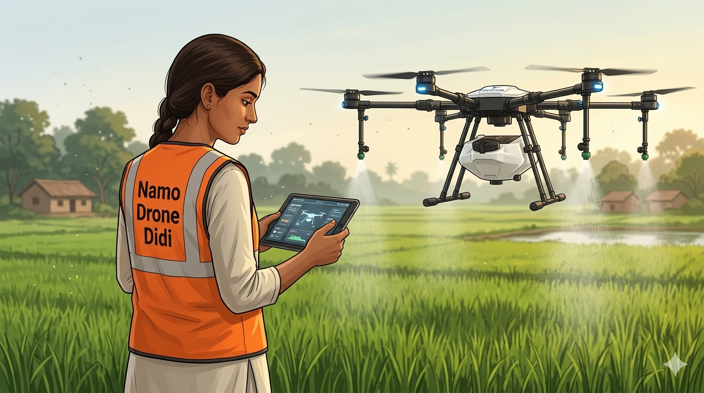 Women agriculture drone pilot operating a Kisan drone in Indian village under Namo Drone Didi scheme